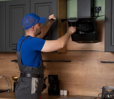 A handyman in uniform, installs or repairs a kitchen hood, replaces the filter in the hood. Construction, maintenance and repair concept A handyman in uniform, installs or repairs a kitchen hood, replaces the filter in the hood. Construction, maintenance and repair concept.